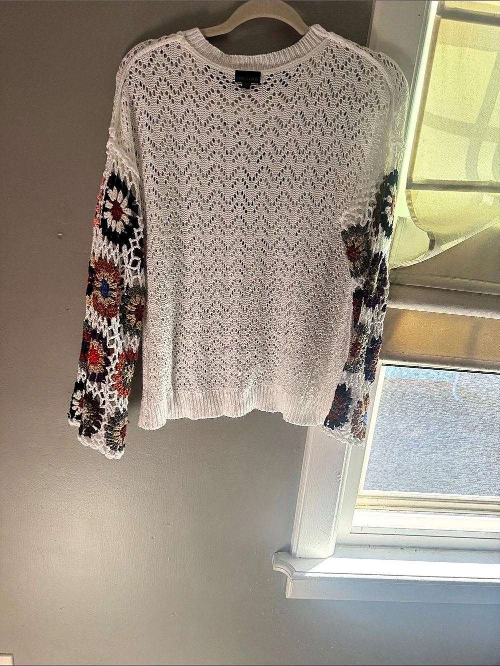 Lucky Brand Floral Sleeve Crew Neck Sweater in White